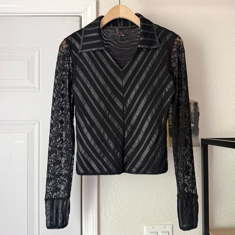 Black Lace Sleeve Striped V-Neck Blouse